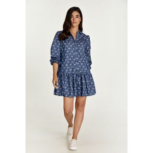 Indigo - Bloemenjurk - Lange Mouwen - Geweven Katoen - Denimstijl