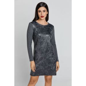 Donkergrijze jurk - Gebreid - Kunstlederen Voorkant - Lange Mouwen - Ronde Halslijn