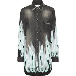 Denim - Shirtjurk - Used Wash - Bejeweled Collar - Decoratieve Prints