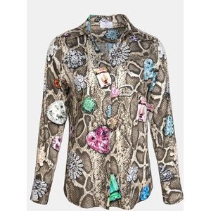 Mucho Gusto - Saint-Denis - Blouse - Beige - Slangenprint met Kleurrijke Broches