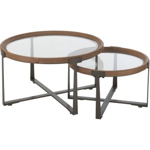 J-Line set van 2 salontafel luki glas/spar hout naturel/zwart 80x80x43cm