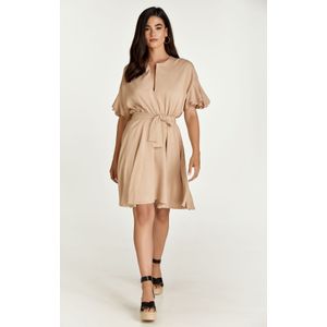 A-lijn Jurk - Beige - Geweven Linnen - Korte Mouwen met Ruches