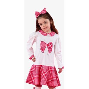 ADee - Lottie - Meisjes Jurk - Wit - Met Rode Ruit Kraag