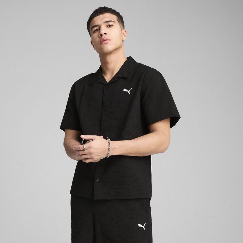 Puma WARDROBE ESS Relaxed Seersucker-Shirt Herren | Mit Plain | Black | Größe: S