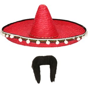 Carnaval verkleed set - Mexicaanse sombrero hoed met plaksnor - rood - heren - Verkleedhoofddeksels
