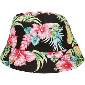 Verkleed hoedje Tropical Hawaii party - Summer print - zwart - volwassenen - Carnaval - bucket hat - Verkleedhoofddeksels