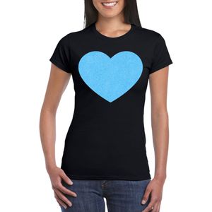 Verkleed T-shirt voor dames - hartje - zwart - blauw glitter - carnaval/themafeest - Feestshirts