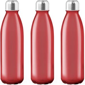 3x Stuks glazen waterfles/drinkfles rood transparant met Rvs dop 500 ml - Drinkflessen