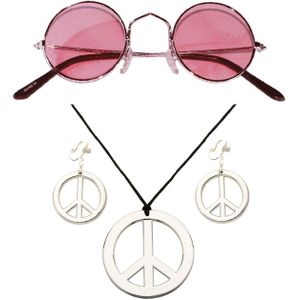 Hippie Flower Power Sixties verkleed sieraden met roze party bril - Verkleedsieraden