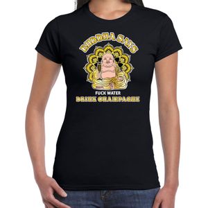 Foute party verkleed t-shirt voor dames - boeddha champagne - zwart - carnaval/themafeest outfit - Feestshirts