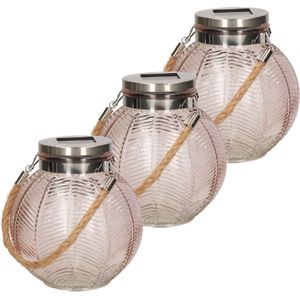 3x stuks roze solar lantaarn van gestreept glas rond 16 cm - Lantaarns