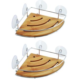 MSV doucherekje/badkamerrek - 2x - hoek-model - bamboe hout - metaal - 20 x 20 cm