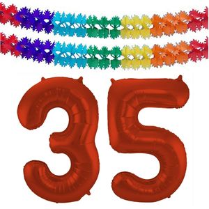 Grote folie ballonnen cijfer 35 in het rood 86 cm en 2 feestslingers - Ballonnen