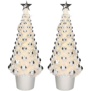2x stuks complete kerstbomen met ballen en lichtjes zilver 60 cm - Kunstkerstboom