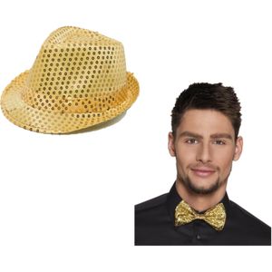 Party carnaval verkleed hoedje en vlinderstrikje goud glitters - Verkleedhoofddeksels