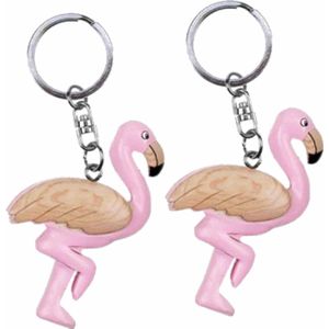4x stuks houten flamingo sleutelhanger 7 cm - Sleutelhangers