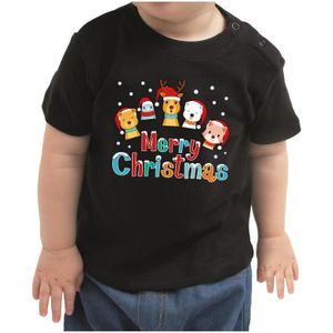 Kerstshirt Merry Christmas diertjes zwart baby jongen/meisje - kerst t-shirts kind