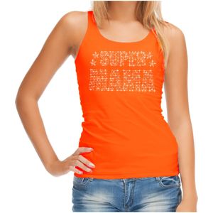 Glitter Super Mama tanktop oranje Moederdag cadeau rhinestones steentjes voor dames - Feestshirts