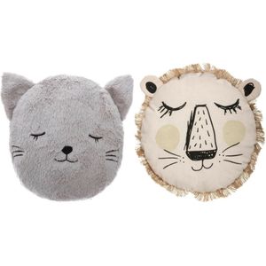 Dieren sierkussen set kinderkamer - kat/poes en leeuw - 38/27 cm - polyester