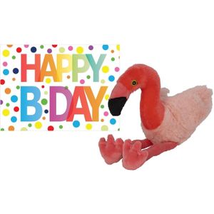 Pluche Knuffel Flamingo 32 cm met A5-size Happy Birthday Wenskaart - Verjaardag Cadeau Setje