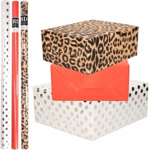 6x Rollen kraft inpakpapier/folie pakket - panterprint/rood/wit met zilveren stippen 200 x 70 cm - Cadeaupapier
