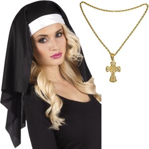 2x stuks nonnen carnaval verkleed setje van hoofdkap kraag en gouden kruis aan ketting - Verkleedattributen