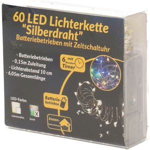 Draadverlichting zilver met gekleurde LED lampjes 6 meter op batterijen met timer - Lichtsnoeren