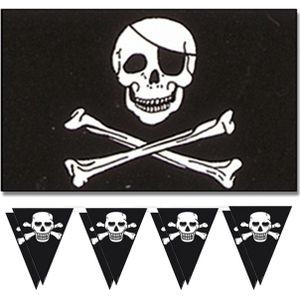 Piraten feest/verjaardag versiering set 2x vlaggenlijnen en 1x piratenvlag 90 x 150 cm - Vlaggenlijnen