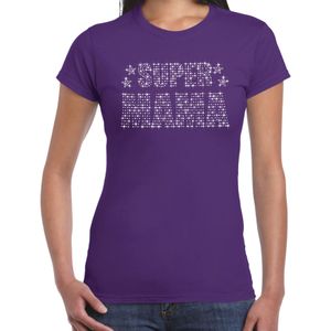Glitter Super Mama t-shirt paars Moederdag cadeau rhinestones steentjes voor dames - Feestshirts