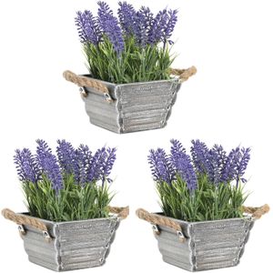 Items Lavendel bloemen kunstplant in bloempot - 3x - paarse bloemen - 15 x 20 cm - bloemstukje