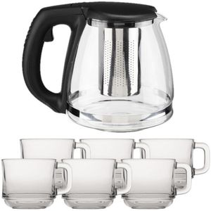 Glazen theepot met filter/infuser van 1,2 liter met 6x stuks theeglazen van 220 ml - Theepotten