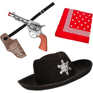 Carnaval Verkleed set - Cowboy hoed zwart/zakdoek rood/holster met revolver - voor kinderen - Verkleedhoofddeksels
