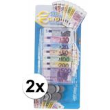 Set van 2x stuks speelgoed kassa euro speelgeld 90 delig - Speelgoed munten en biljetten