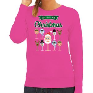 Foute Kersttrui/sweater voor dames - Kerst Wijn - roze - All I Want For Christmas - kerst truien