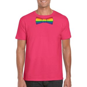 Roze t-shirt met regenboog vlag strikje heren - Feestshirts