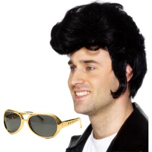 Rock and Roll ster Elvis verkleed set - herenpruik zwart met kuif - en bril goud montuur - Verkleedpruiken