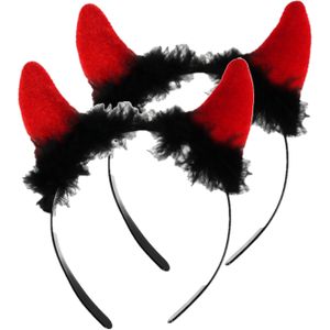 Halloween duivel hoorntjes diadeem 2x rood plastic met pluche  - Verkleedhoofddeksels