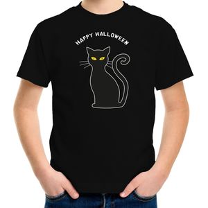 Halloween verkleed t-shirt voor kinderen - zwarte kat - zwart - themafeest outfit - Feestshirts