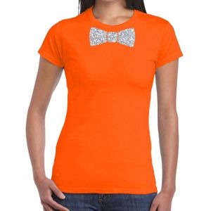 Oranje fun t-shirt met vlinderdas in glitter zilver dames - Feestshirts