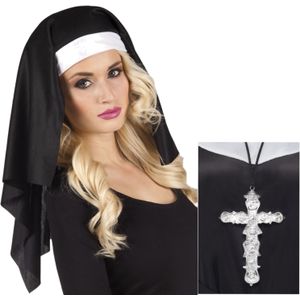 2x stuks nonnen carnaval verkleed setje van hoofdkap kraag en zilveren kruis aan ketting - Verkleedattributen