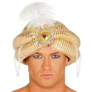 Arabische Sultan hoed met veer goudkleurig - Verkleedhoofddeksels
