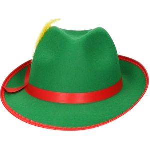 Carnaval Tiroler jagershoed gleufhoedje groen/rood voor dames/heren/volwassenen - Verkleedhoofddeksels