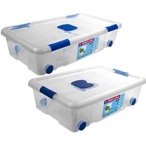 4x Opbergboxen/opbergdozen met deksel en wieltjes 30 en 31 liter kunststof transparant/blauw - Opbergbakken