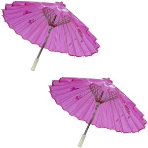 2x stuks chinese decoratie paraplu roze met bloemen - Verkleedattributen