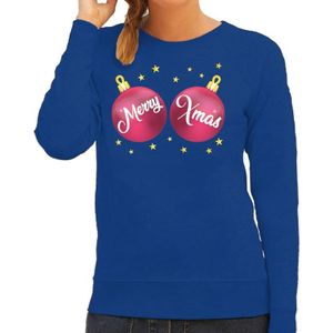 Foute kersttrui / sweater blauw met roze Merry Xmas voor dames - kerst truien