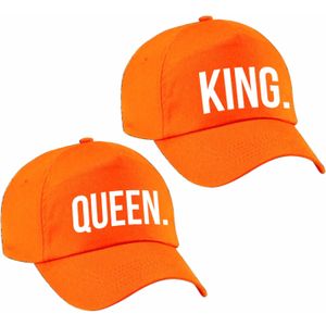 2x oranje baseballcaps met King en Queen tekst - Verkleedhoofddeksels