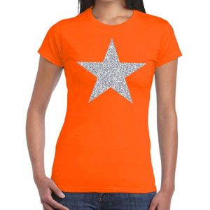 Zilveren ster glitter t-shirt oranje dames - Feestshirts