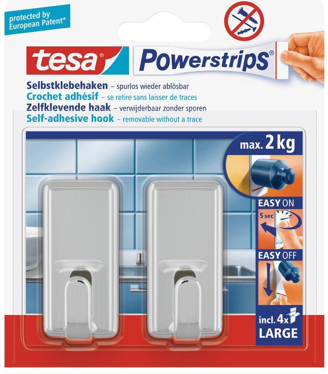 6x Tesa Powerstrips chroom haken large - Klusbenodigdheden - Huishouden - Verwijderbare haken - Opplak haken 2 stuks
