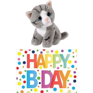 Cadeau setje pluche grijze kat/poes knuffel 14 cm met Happy Birthday wenskaart - Knuffel huisdieren