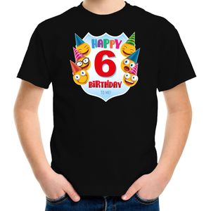 Happy birthday 6e verjaardag t-shirt / shirt 6 jaar met emoticons zwart voor kleuters / kinderen - Feestshirts